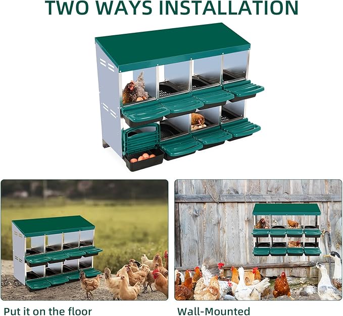 Chicken Nesting Box, 8-Hole Metal Wall Mount Chicken Laying Boxes with Legs and Lid Cover, Easy to Assemble, Roll-Away Egg Design Nesting Boxes for Outdoor Chicken Coop & Farm Yard, Green