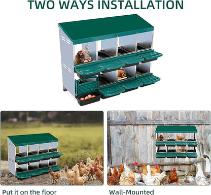 Chicken Nesting Box, 8-Hole Metal Wall Mount Chicken Laying Boxes with Legs and Lid Cover, Easy to Assemble, Roll-Away Egg Design Nesting Boxes for Outdoor Chicken Coop & Farm Yard, Green