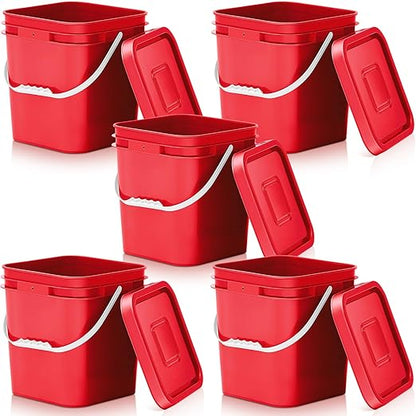 Mumufy 5 Pcs 3.5 Gallon Square Food Grade Bucket with Lid Square Bucket Pail Plastic Handles for Long Term Food Storage, Camping, Fishing, Home Organization Easy Stack and Store (Red)