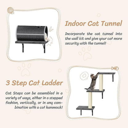 NUNU LAB 7-in-1 Cat Wall Shelves, Wall Mounted Cat Climber Set, Cat Furniture with House, Tunnel, Bridge, Steps, Scratcher, Hammock, Shelves for Indoor, Drak Grey