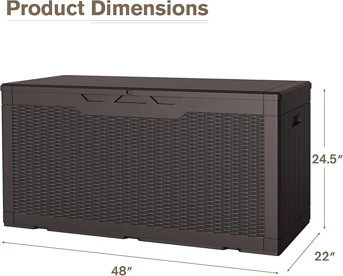 JUMMICO 100 Gallon Resin Deck Box, Waterproof Outdoor Storage Box with Lockable Lid for Garden Tools, Patio Cushions (Brown)