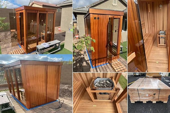 Outdoor Corner Steam Sauna for 2-4 Person, Canadian Red Cedar, 6KW ETL Harvia Heater, Modern Sauna Box with Waterproof Asphalt Tiles, Left Door, 220V (0-195℉)