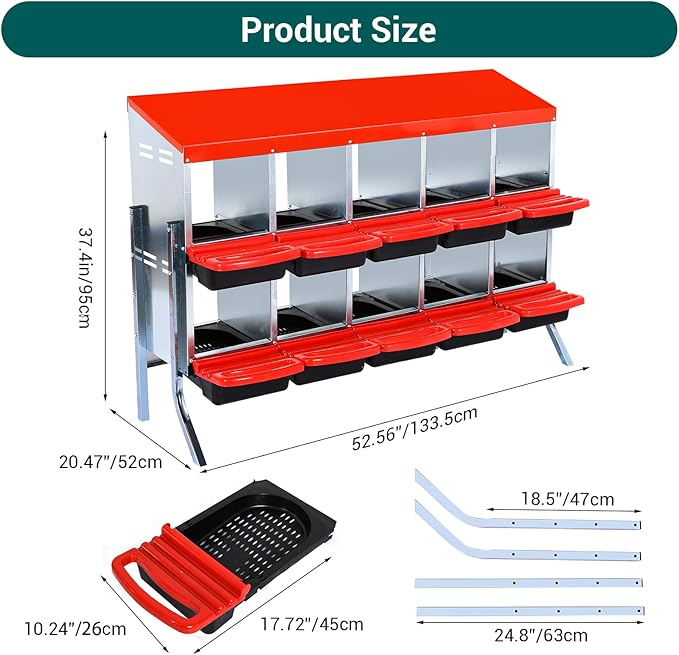 Chicken Nesting Box, 10-Hole Metal Wall Mount Chicken Laying Boxes with Legs and Lid Cover, Easy to Assemble, Roll-Away Egg Design Nesting Boxes for Outdoor Chicken Coop & Farm Yard, Red