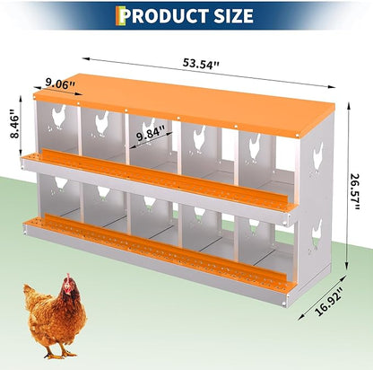 10 Compartment Metal Chicken Nesting Box, Automatic Roll-Out Egg Collection, Waterproof Galvanized Steel Laying Box, for Hens Ducks Rabbits, Orange