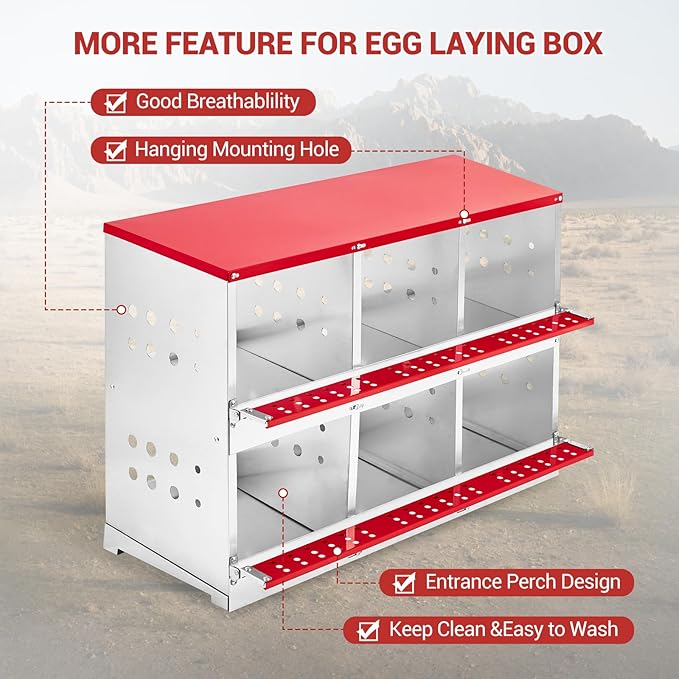 Heavy Duty Metal Chicken Nesting Box – 6 Compartments, Vented Holes, Swing Perch, Rollaway Egg Laying Box, Pull-Out Tray, Wall Mount, for Coops, Without Cover-Red, 96×48×71cm