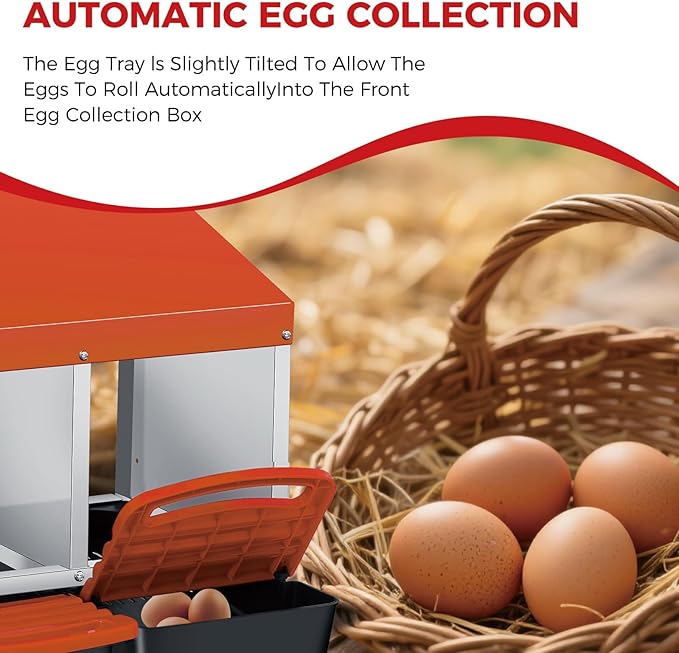 Chicken Nesting Boxes with Rollout Egg Collection – 4-Compartment Metal Hen Nest Box with Removable Trays, Slanted Roof & Ventilation, Wall Mount or Standing for Backyard Poultry Coop, Orange