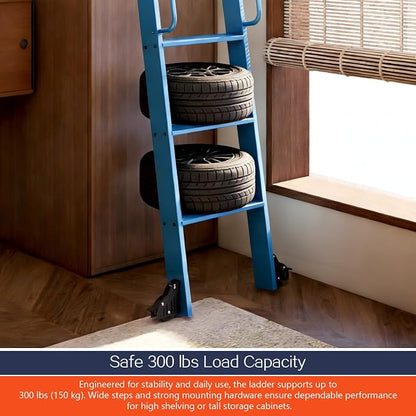 DIYHD 87" Rolling Library Ladder with Handrail, 4FT Sliding Rail, Blue | 7-Step lightweight ladder with space-saving upright storage, Telescopic top hooks, Locking bottom rollers, 300lbs capacity