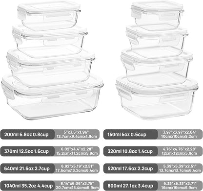 Vtopmart 8 Pack Glass Food Storage Containers with Airtight Lids | Meal Prep Lunch Containers, Leakproof, Leftover Storage, Take-out, Microwave, Oven, Freezer and Dishwasher Safe, BPA Free