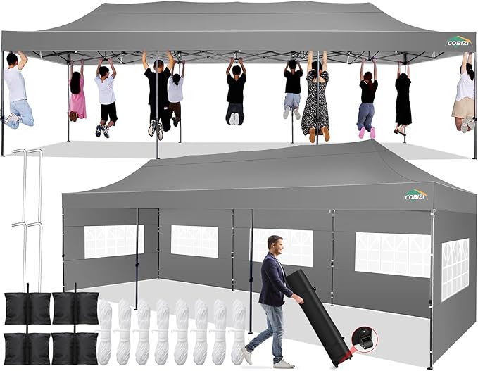 COBIZI 10x30 Pop up Canopy Tent 10x30 Canopy with 8 Sidewalls Waterproof Heavy Duty Commercial Canopy Tent for Parties Outdoor Tent Garden Gazebo Tent, Carry Bag with Wheel(10x30ft, Gray)