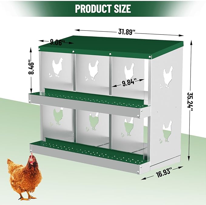 Chicken Nesting Box, Green 6 Hole Egg Laying Box, Suitable for Chickens & Ducks, Large Holes for Ventilation, Convenient for Picking up Eggs, Fully Galvanized