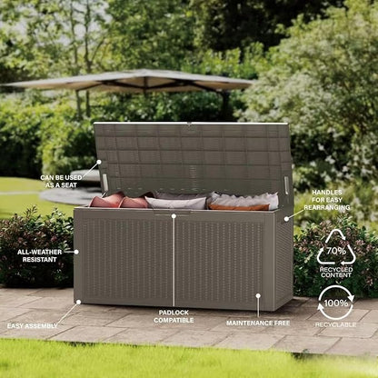 180 Gallon Resin Deck Box, Waterproof Outdoor Storage Bin for Patio Furniture, Pool Accessories, and Garden Tools, Lockable & UV-Resistant, Grey