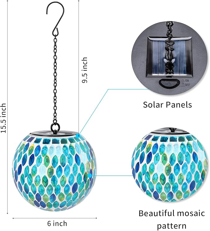 VCUTEKA Hanging Solar Lanterns Mosaic Solar Lights with Hook Up, Outdoor Garden Lights Decor for Yard Tree Fence Patio, Blue