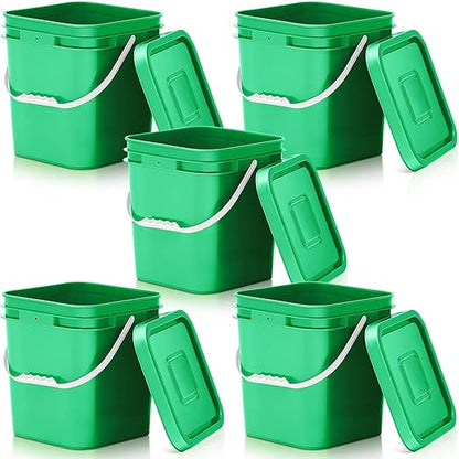 Mumufy 5 Pcs 3.5 Gallon Square Food Grade Bucket with Lid Square Bucket Pail Plastic Handles for Long Term Food Storage, Camping, Fishing, Home Organization Easy Stack and Store (Green)