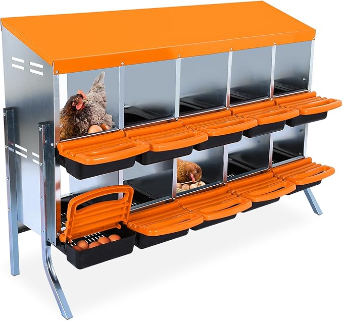10-Compartments Chicken Nesting Boxes with Roll Out Egg Collection and Large Vented Holes,Metal Nesting Boxes for Chickens, Hens, Ducks,Wall Mount/Freestanding Poultry,Orange
