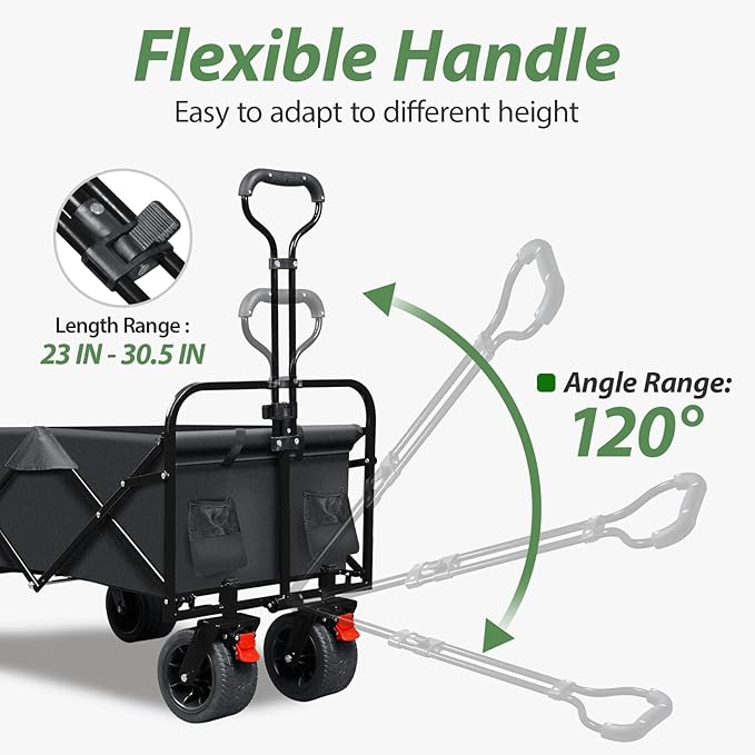 TAIFA Foldable Collapsible Wagons Cart with Extra Long Tailgate, Beach Portable Utility Wagon with Big Wheels and Brakes for Sand Shopping Camping Sports Outdoor, Black and Gray