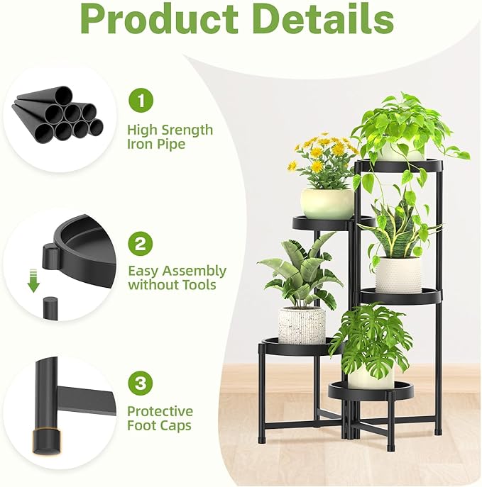 iDavosic.ly 5 Tier Folding Plant Stand Indoor Outdoor with Plastic Tray, Tiered Corner Flower Holder Shelf, Metal Orchid Display Rack for Patio Porch Living Room Garden Balcony, Modern Black