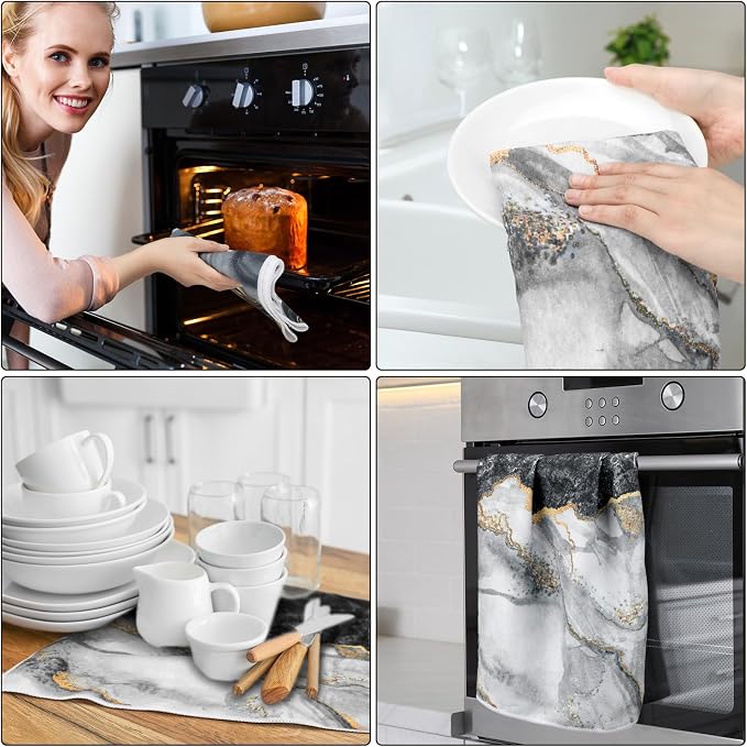 Boyiee Set of 6 Marble Kitchen Towels Gold Black Marble Tea Dish Towels 24 x 16 Inches Modern Absorbent Hand Washcloths Housewarming Gifts for Farmhouse Kitchen Bathroom Decorations