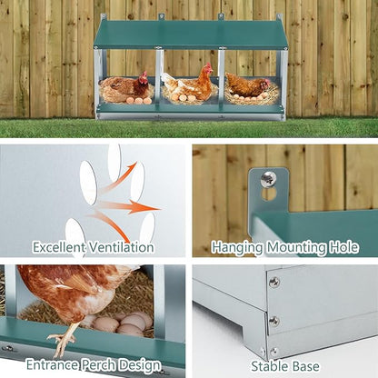Chicken Nesting Box for Laying Eggs - 3 Room Chicken Laying Boxes, Nesting Boxes for Chickens, Heavy Duty Metal Chicken Coop, 32.9" L x 16.34" W x 15.35" H