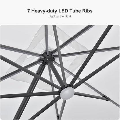 PURPLE LEAF 10 Feet Patio Umbrella Outdoor Cantilever Solar Powered LED Square Umbrella Aluminum Offset Umbrella with 360-degree Rotation for Garden Deck Pool Patio White