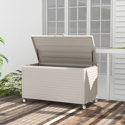 MIRADOR 134 Gallon Outdoor Storage Box Waterproof with Wheels, Metal Deck Box for Patio Furniture, Garden Tools, Outdoor Cushion, Latte