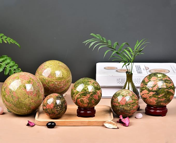 JIC Gem Crystal Sphere Balls Unakite Healing Crystal Ball with Wood Base for Reiki Chakra Decor (100-110mm)