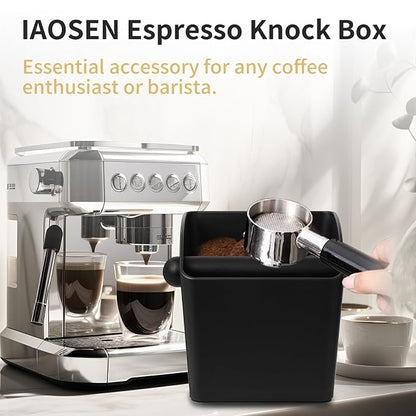 IAOSEN Large Square Knock Box Shock-absorbent Knock Box Espresso with Removable Knock Bar and Non-Slip Base Espresso Accessories for Home/Office (Large Black Knock Box)