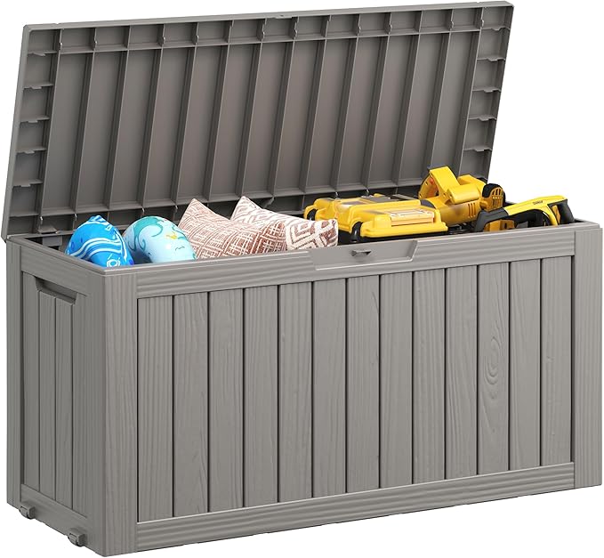 NUNU LAB 75 Gallon Outdoor Storage Box,Resin Large Sturdy Deck Box, Backyard Outside Storage Box Waterproof with Double Wall Panels,Garden Box,Package Delivery Outdoor Hose Storage Bin