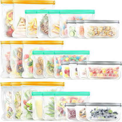 28 Pack Reusable Freezer Bags Food Storage Bags, BPA Free Reusable Bags, Food Storage Containers for Meal Prep Containers, Salad Fruit,Vegetables, Dishwasher Safe, 8 Gallon 10 Sandwich 10 Snack