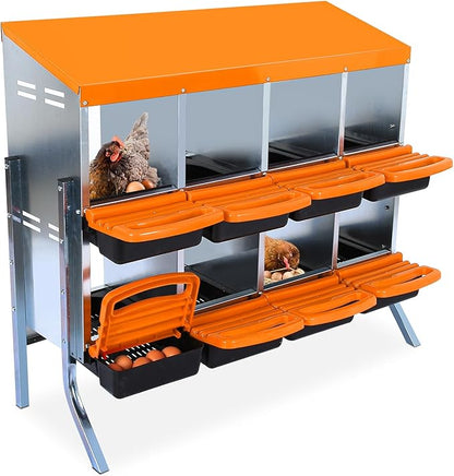 8-Compartments Chicken Nesting Boxes with Roll Out Egg Collection and Large Vented Holes,Metal Nesting Boxes for Chickens, Hens, Ducks,Wall Mount/Freestanding Poultry,Orange