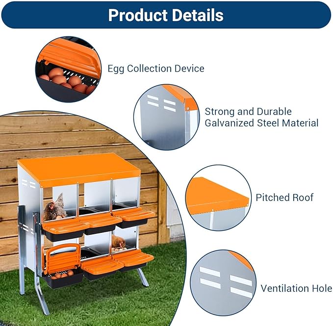 Two-Tier Chicken Nesting Box, 6 Hole Metal Chicken Egg Laying Box with Roll Away, Egg Collection Nesting Boxes for Chicken Coop, with Leg