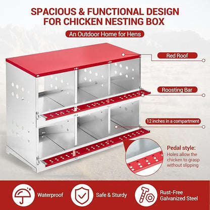 Heavy Duty Metal Chicken Nesting Box – 6 Compartments, Vented Holes, Swing Perch, Rollaway Egg Laying Box, Pull-Out Tray, Wall Mount, for Coops, Without Cover-Red, 96×48×71cm