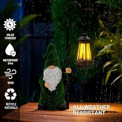 Garden Gnome with Solar Lantern, Grass-Like Flocked Hat, Outdoor Garden Figurine Lights, Unique Gift for Women, Mom, Friends (Green Flocked Gnome)