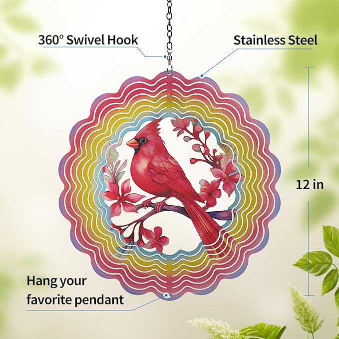 Wind Spinners Outdoor Cardinal Bird - Birthday Gifts for Women Mom Grandma, Hanging Wind Sculptures 12 inch 3D Wind Spinner for Garden Decor for Outside, Garden, Patio, Yard, Outdoor