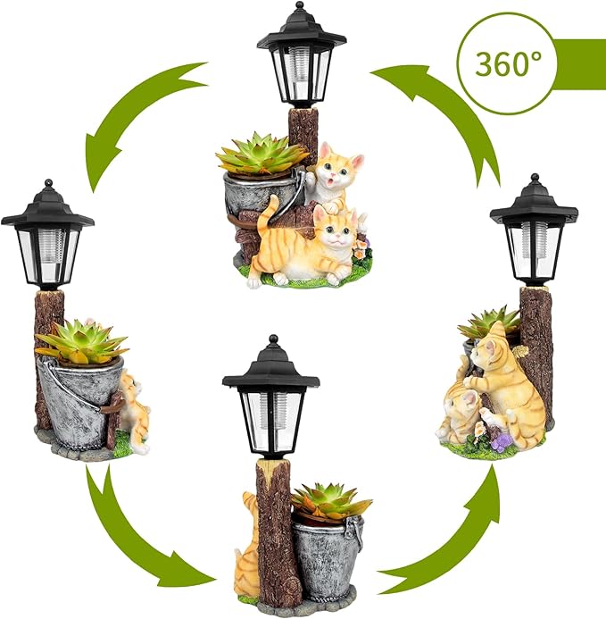 Solar Cat Outdoor Statues, Garden Sculptures with Flowerpot Decor & Solar Lantern for Yard Art Lawn Ornaments Porch Patio Balcony - Idea Gifts for Women Mom Grandma