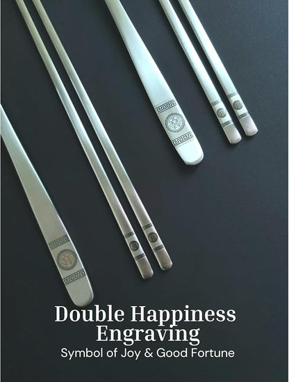 ONGI Korean Spoon and Chopstick 2 Set – Premium 18/10 Stainless Steel – Double Happiness Design – Gift-Ready – Made in Korea – Dishwasher Safe (Hee Pattern Silver 2 Set)