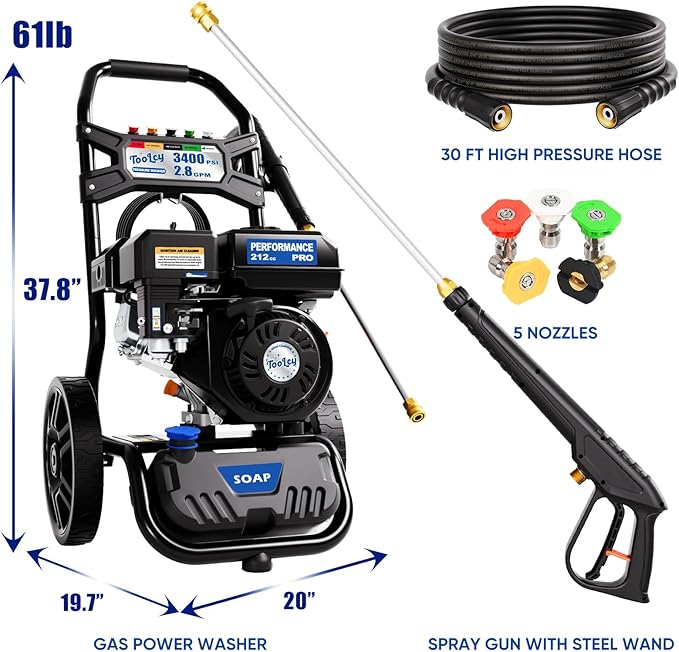 TOOLCY Gas Pressure Washer 3400 PSI & 2.8 GPM Max, High-Powered 212cc Engine, Enhanced Pump, 30FT Pressure Hose, Onboard Soap Tank, Spray Gun & 5 Nozzle Tips, Great for Cars/Driveways/Homes/Patios