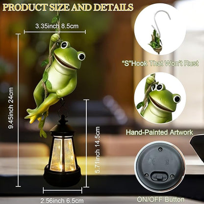 Solar Frogs Outdoor Garden Statues, Halloween Hanging Climbing Rope Frog on a Vine with Lantern Tree Hugger Figurine Lights for Outside Yard Art Sculptures Porch Balcony Wall Decor, Funny Gifts