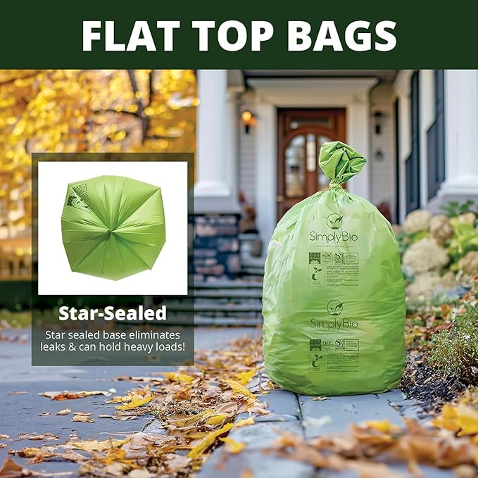 64 Gallon Compostable Trash Bags Flat-Top, Heavy Duty Extra Thick 2 Mil, 242.27 Liter, 12 Bags, Large Lawn and Yard Waste Bag, ASTM D6400, US BPI and OK Compost Home Certified