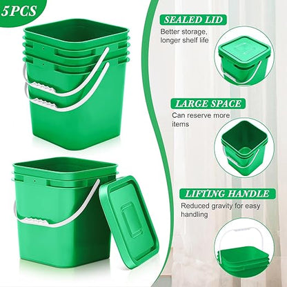 Mumufy 5 Pcs 3.5 Gallon Square Food Grade Bucket with Lid Square Bucket Pail Plastic Handles for Long Term Food Storage, Camping, Fishing, Home Organization Easy Stack and Store (Green)