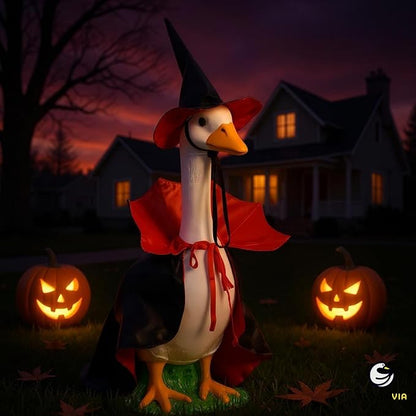 Lawn Goose Outfit – Glossy Cape & Adjustable Hat for 23″ Goose Statue – Halloween & Vampire & USA Flag Costume