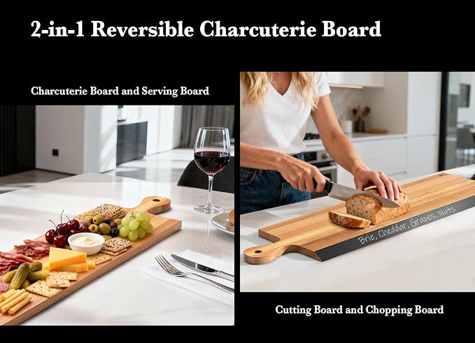 32" Acacia Charcuterie Board with Handle – Extra Long Serving Platter with Chalkboard Edge for Cheese, Meat & Appetizers – Large Wooden Kitchen Board for Parties, Gatherings & Home Decor