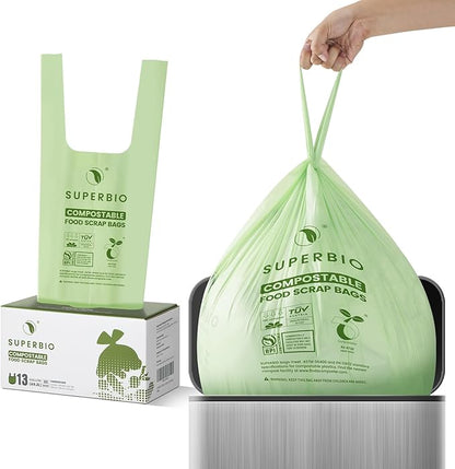 SUPERBIO 13 Gallon Handle Tie Compostable Food Waste Bags, 30 Count, 2 Pack, ASTM D6400, BPI and OK compost INDUSTRIAL, 49.2L, 0.87 Mil