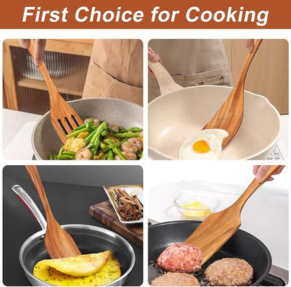 9 Pcs Wooden Kitchen Utensils Set with Holder Cooking Spoons Wood Spatula | Acacia Wood Spoons for Cooking Utensils Teak Flat Spatula Spurtles Large Mixing Serving Spaghetti Spoon Slotted Turner