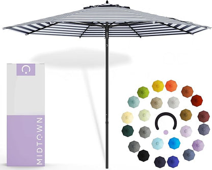 Midtown Umbrellas Push and Pop 10 Feet Outdoor Umbrella, Navy Stripes Polyester Fabric - Fiberglass Ribs Deck Patio Umbrella, Backyard Umbrella, Garden Umbrella & Pool Umbrella - Black Pole