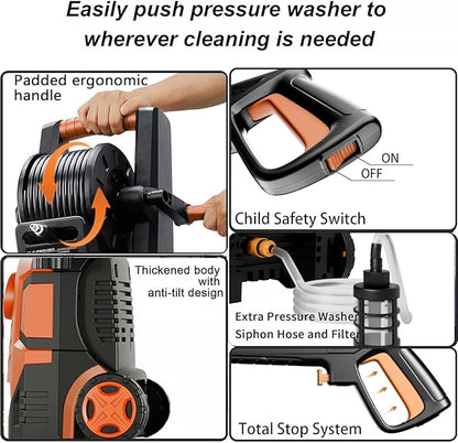 2025Upgraded Pressure Washer 5000PSI with Adjustable Touch Screen 8 Level, 34" Tall, 4 Quick Connect Nozzles,Inlet Hose&Filter&500mlFoam Cannon for Cars/Fences/Driveways/Home Cleaning,Red