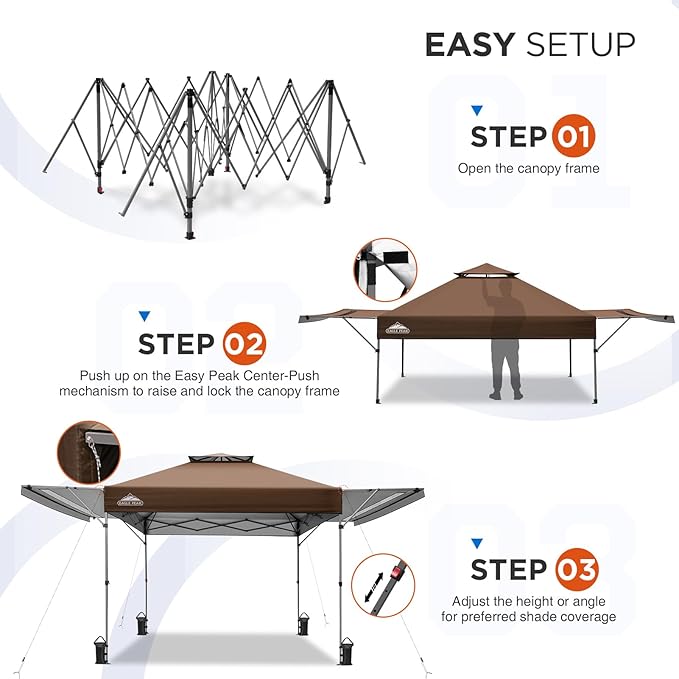 EAGLE PEAK 17x10 Pop up Gazebo Canopy Tent Outdoor Instant Canopy Shelter with Adjustable Dual Half Awnings (Brown)