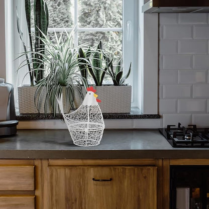 SAFIGLE Portable Iron Wire Egg Basket Chicken Shaped Kitchen Storage Container Large Capacity Holder for Eggs Fruits Garlic Farmhouse Decorative Organizer