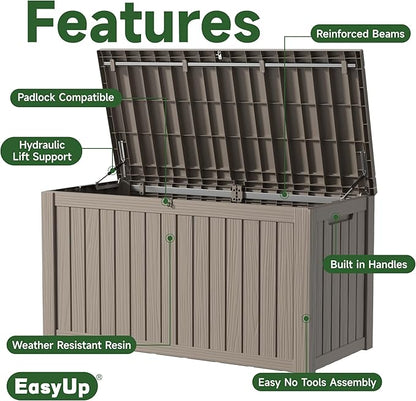 EasyUp 150 Gallon Outdoor Storage Box, Resin Waterproof UV-Resistant Deck Box with Hydraulic Lid Support, Reinforced Stability for Patio, Garden, and Poolside, Striped Gray