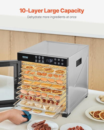 VEVOR Food Dehydrator Machine, 10 Stainless Steel Trays, 1000W Electric Food Dryer with Adjustable Temperature & 24-Hour Timer, Food-Dehydrator for Jerky, Meat, Fruit, Vegetables, Herbs, Dog Treats