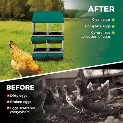 Chicken Nesting Boxes, Metal Rollaway Chicken Nest Box with Rollout Egg Collection, Removable Tray & Nesting Pads, Egg Laying Box for Chicken Coop Hens, Wall Mount or Standing, 3 Compartments 2 Layer